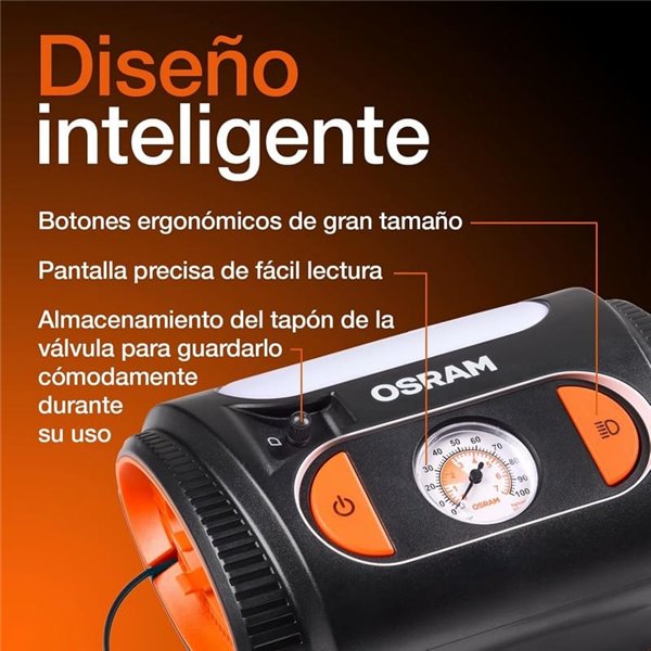 Inflador de neumáticos con luz LED TYREinflate 2110, manómetro analógico 0–6.9 bar con cable 3m, 12V, 3 adaptadores