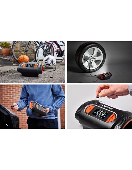 Inflador de neumáticos con luz LED TYREinflate 2120, manómetro digital 0-6,9 bar, 180W, 3 adaptadores