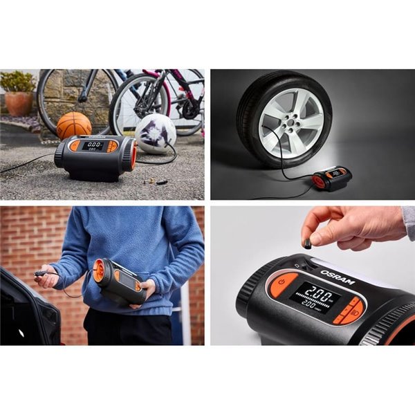 Inflador de neumáticos con luz LED TYREinflate 2120, manómetro digital 0-6,9 bar, 180W, 3 adaptadores