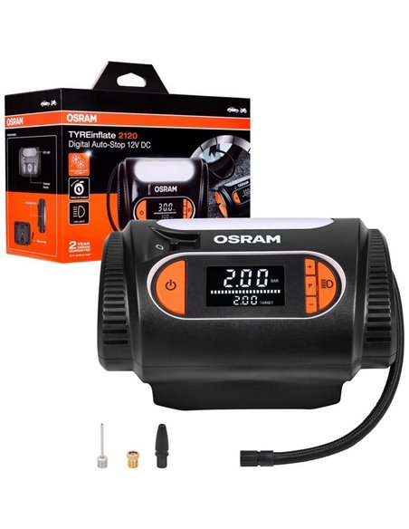 Inflador de neumáticos con luz LED TYREinflate 2120, manómetro digital 0-6,9 bar, 180W, 3 adaptadores
