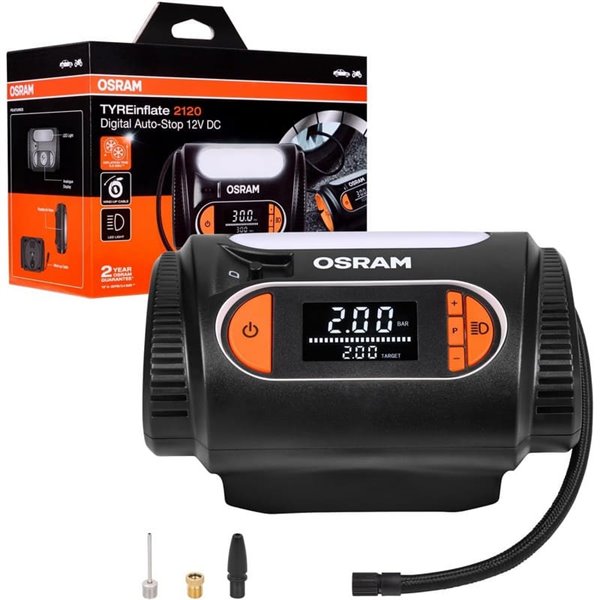 Inflador de neumáticos con luz LED TYREinflate 2120, manómetro digital 0-6,9 bar, 180W, 3 adaptadores