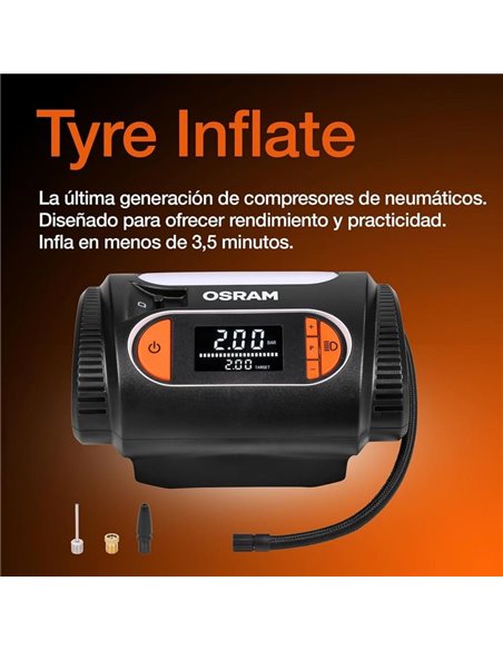 Inflador de neumáticos con luz LED TYREinflate 2120, manómetro digital 0-6,9 bar, 180W, 3 adaptadores