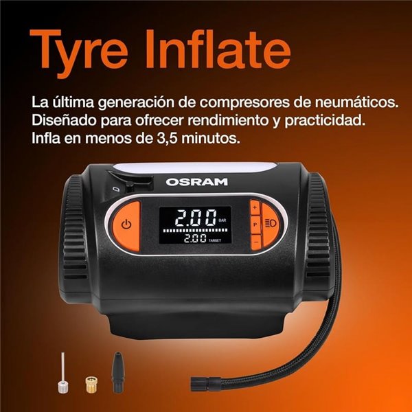 Inflador de neumáticos con luz LED TYREinflate 2120, manómetro digital 0-6,9 bar, 180W, 3 adaptadores