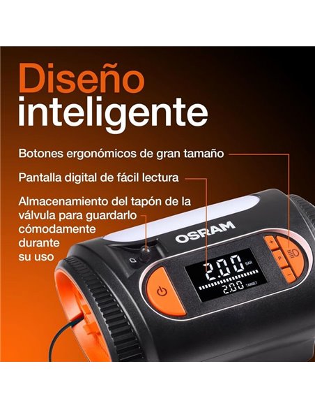 Inflador de neumáticos con luz LED TYREinflate 2120, manómetro digital 0-6,9 bar, 180W, 3 adaptadores