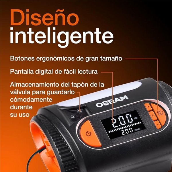 Inflador de neumáticos con luz LED TYREinflate 2120, manómetro digital 0-6,9 bar, 180W, 3 adaptadores