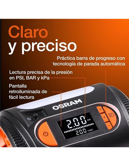 Inflador de neumáticos con luz LED TYREinflate 2120, manómetro digital 0-6,9 bar, 180W, 3 adaptadores