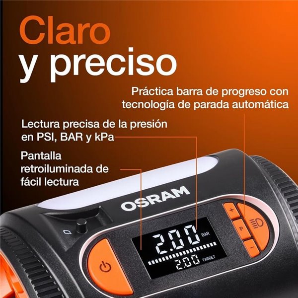 Inflador de neumáticos con luz LED TYREinflate 2120, manómetro digital 0-6,9 bar, 180W, 3 adaptadores