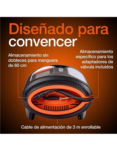 Inflador de neumáticos con luz LED TYREinflate 2120, manómetro digital 0-6,9 bar, 180W, 3 adaptadores