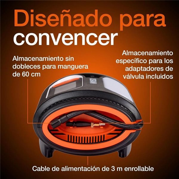 Inflador de neumáticos con luz LED TYREinflate 2120, manómetro digital 0-6,9 bar, 180W, 3 adaptadores