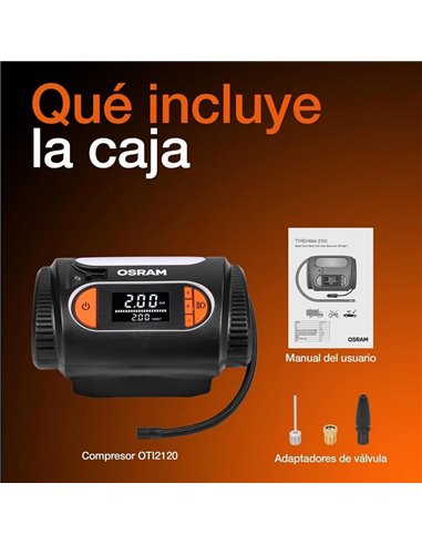 Inflador de neumáticos con luz LED TYREinflate 2120, manómetro digital 0-6,9 bar, 180W, 3 adaptadores