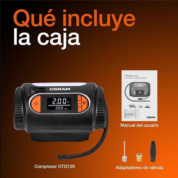 Inflador de neumáticos con luz LED TYREinflate 2120, manómetro digital 0-6,9 bar, 180W, 3 adaptadores
