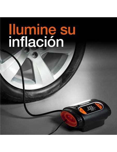 Inflador de neumáticos con luz LED TYREinflate 2120, manómetro digital 0-6,9 bar, 180W, 3 adaptadores