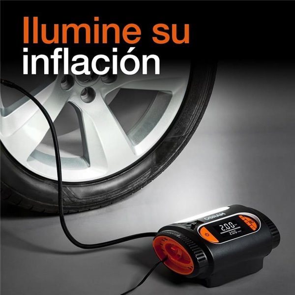 Inflador de neumáticos con luz LED TYREinflate 2120, manómetro digital 0-6,9 bar, 180W, 3 adaptadores