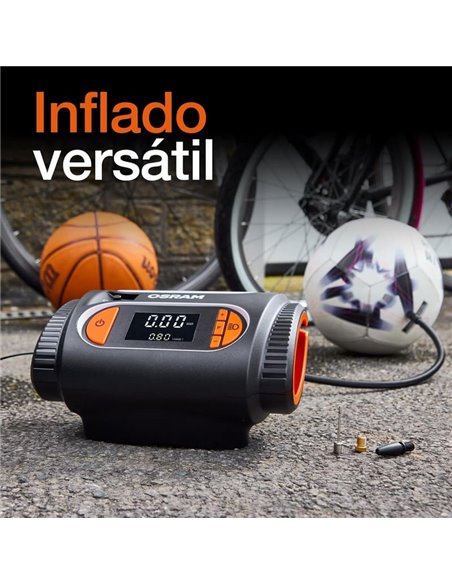 Inflador de neumáticos con luz LED TYREinflate 2120, manómetro digital 0-6,9 bar, 180W, 3 adaptadores