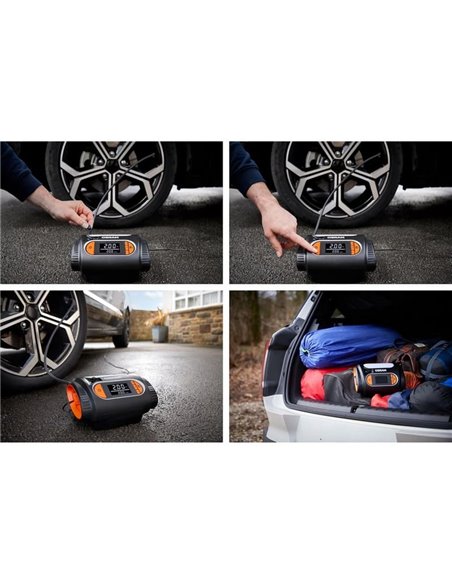 Inflador de neumáticos con luz LED TYREinflate 2120, manómetro digital 0-6,9 bar, 180W, 3 adaptadores