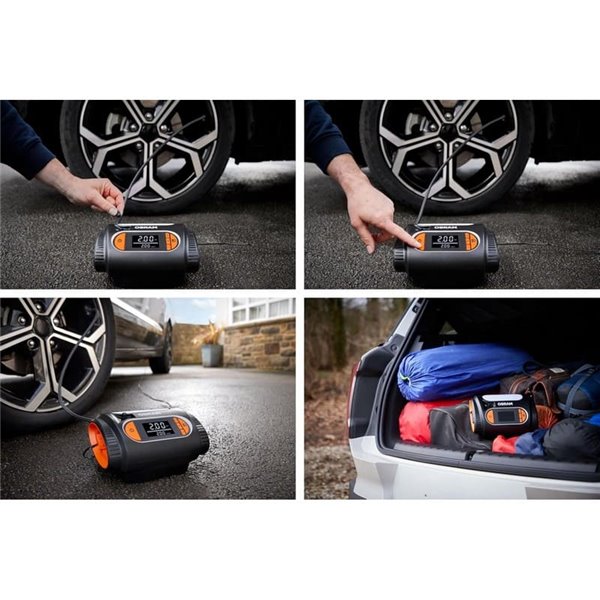 Inflador de neumáticos con luz LED TYREinflate 2120, manómetro digital 0-6,9 bar, 180W, 3 adaptadores