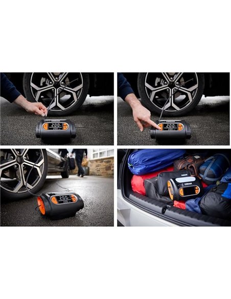 Inflador de pneus com luz LED TYREinflate 2130, manômetro digital com barra de progresso, 0-6,9 bar, 180 W, + rápido, 3 adaptado