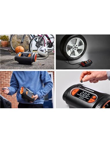 Inflador de neumáticos con luz LED TYREinflate 2130, manómetro digital con barra de progreso, 0-6,9 bar, 180W, + rápido, 3 adapt