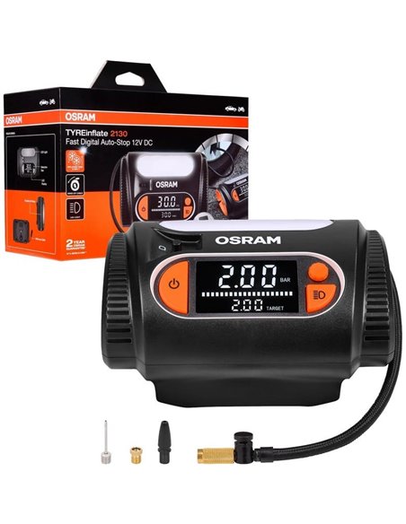 Inflador de neumáticos con luz LED TYREinflate 2130, manómetro digital con barra de progreso, 0-6,9 bar, 180W, + rápido, 3 adapt