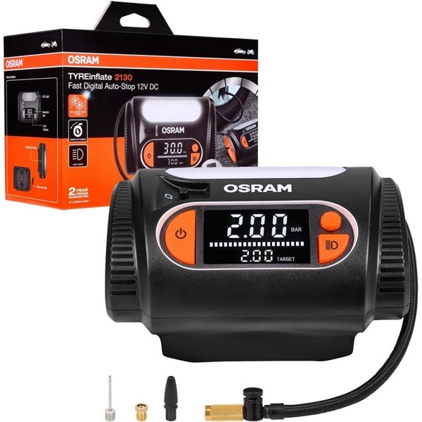 Inflador de neumáticos con luz LED TYREinflate 2130, manómetro digital con barra de progreso, 0-6,9 bar, 180W, + rápido, 3 adapt