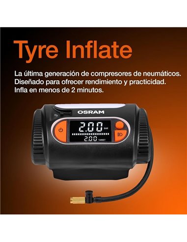 Inflador de neumáticos con luz LED TYREinflate 2130, manómetro digital con barra de progreso, 0-6,9 bar, 180W, + rápido, 3 adapt