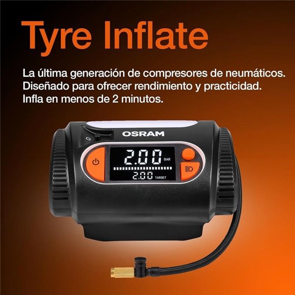 Inflador de neumáticos con luz LED TYREinflate 2130, manómetro digital con barra de progreso, 0-6,9 bar, 180W, + rápido, 3 adapt