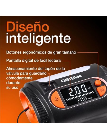 Inflador de neumáticos con luz LED TYREinflate 2130, manómetro digital con barra de progreso, 0-6,9 bar, 180W, + rápido, 3 adapt