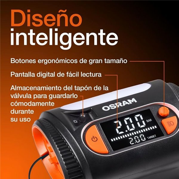 Inflador de neumáticos con luz LED TYREinflate 2130, manómetro digital con barra de progreso, 0-6,9 bar, 180W, + rápido, 3 adapt