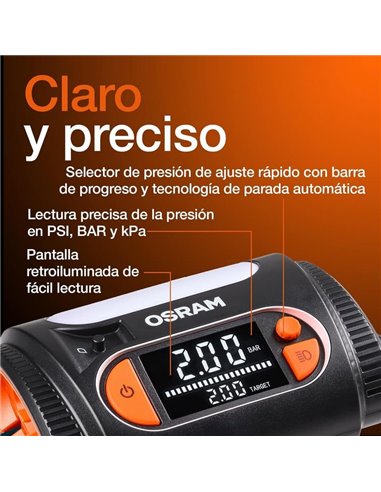 Inflador de neumáticos con luz LED TYREinflate 2130, manómetro digital con barra de progreso, 0-6,9 bar, 180W, + rápido, 3 adapt