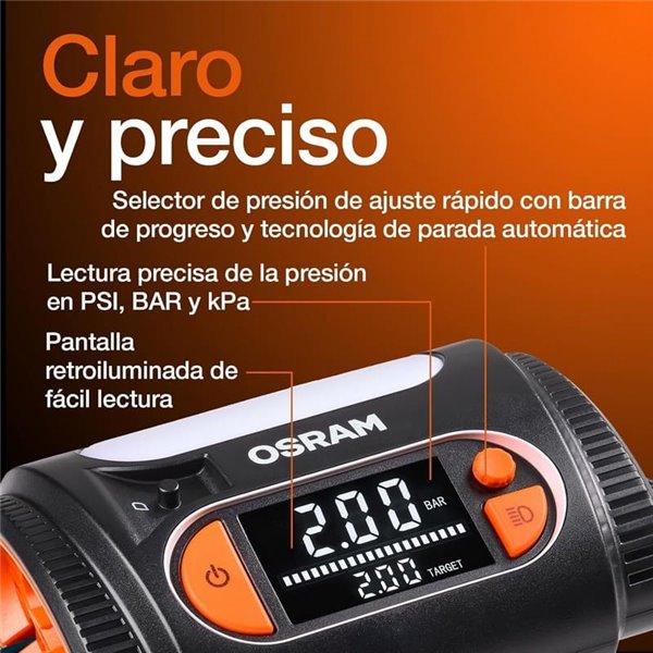 Inflador de neumáticos con luz LED TYREinflate 2130, manómetro digital con barra de progreso, 0-6,9 bar, 180W, + rápido, 3 adapt