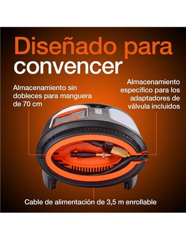Inflador de neumáticos con luz LED TYREinflate 2130, manómetro digital con barra de progreso, 0-6,9 bar, 180W, + rápido, 3 adapt