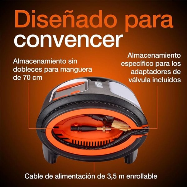 Inflador de neumáticos con luz LED TYREinflate 2130, manómetro digital con barra de progreso, 0-6,9 bar, 180W, + rápido, 3 adapt