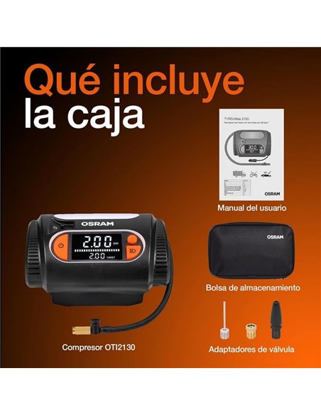 Inflador de neumáticos con luz LED TYREinflate 2130, manómetro digital con barra de progreso, 0-6,9 bar, 180W, + rápido, 3 adapt