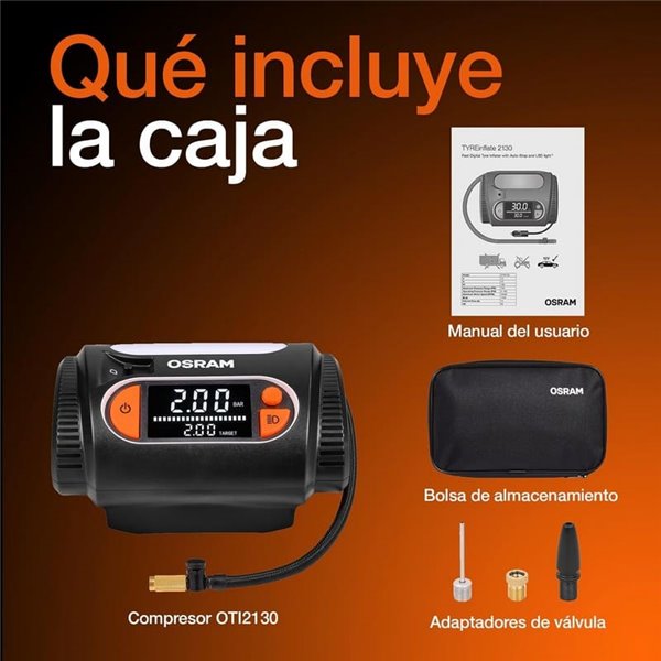 Inflador de neumáticos con luz LED TYREinflate 2130, manómetro digital con barra de progreso, 0-6,9 bar, 180W, + rápido, 3 adapt