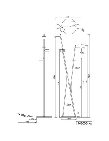 Lampadaire CODA avec 4 spots orientables, interrupteur à pédale, ampoules non incluses : 4 GX53 max. 10 W, IP20, beige