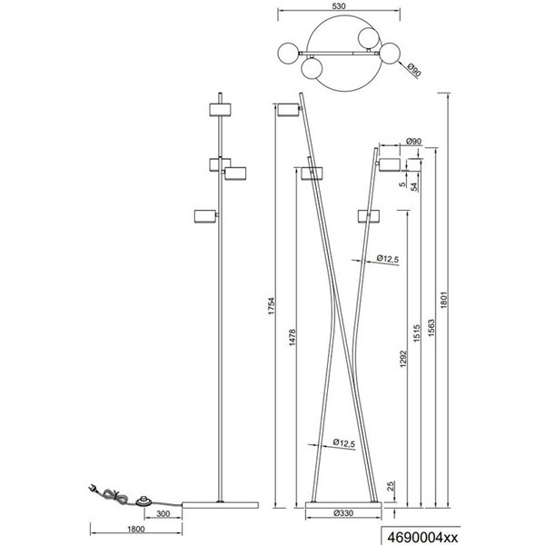 Lampadaire CODA 4 lampes avec interrupteur à pied, sans 4 ampoules GX53, max. 10 W, IP20, noir