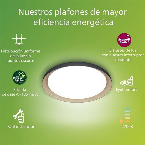Plafón de Techo LED PEBBLO Ultra Efficient 10W, 2700K/4000K, Superslim Negro