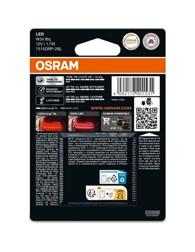 Ampoule LED de remplacement LEDriving SL W3x16q rouge compatible W21/5 W, 7515DRP-2BL, 1,7 W, lot de 2