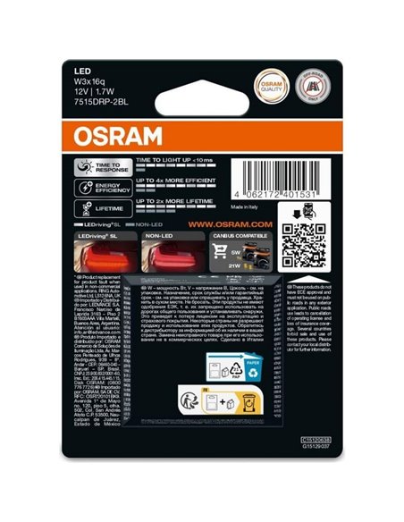 Lâmpada de reposição LED LEDriving SL W3x16q vermelha compatível com W21/5W, 7515DRP-2BL, 1,7W, pacote com 2