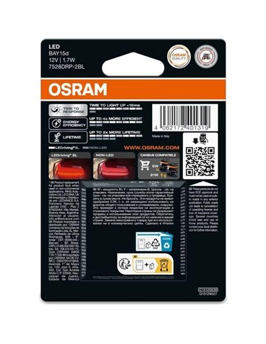 Ampoule LED de remplacement compatible avec P21/5W rouge LEDriving SL BAY15d, 7528DRP-2BL, 1,4W, 2 unités