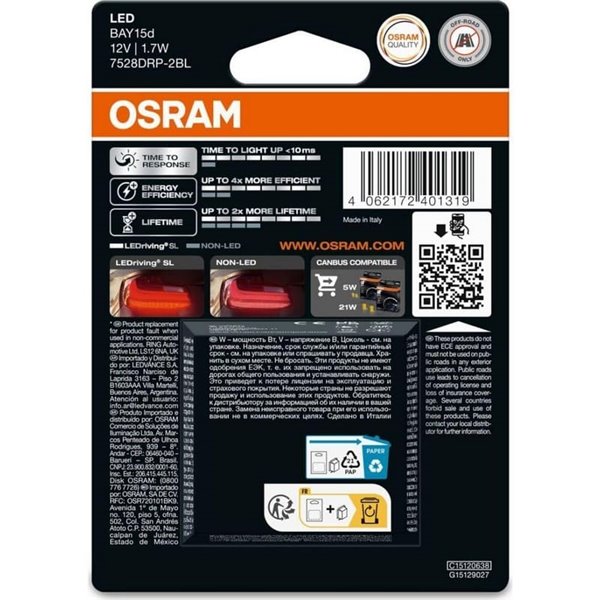 Lámpara LED recambio compatible con P21/5W rojo LEDriving SL BAY15d, 7528DRP-2BL, 1,4W, 2uds