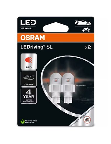 Lâmpadas LED W16W vermelhas LEDriving SL 12V, W2.1x9.5d, 921DRP-2BL, 1,4W, embalagem com 2 unidades