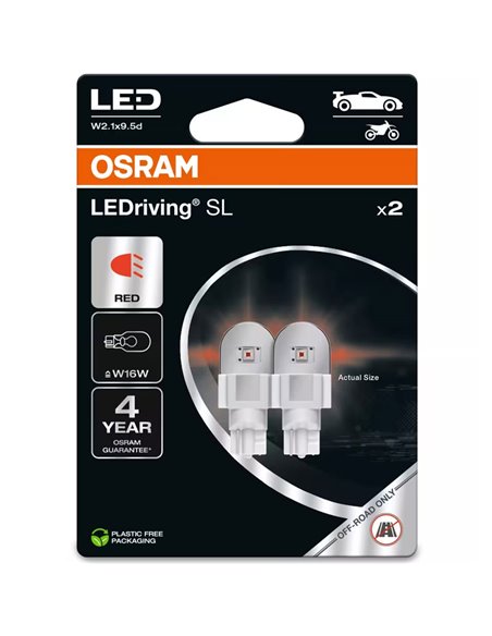 Bombillas LED W16W rojo LEDriving SL 12V, W2.1x9.5d, 921DRP-2BL, 1,4W, pack 2 uds