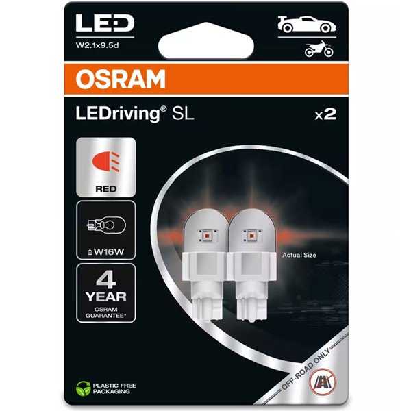 Bombillas LED W16W rojo LEDriving SL 12V, W2.1x9.5d, 921DRP-2BL, 1,4W, pack 2 uds