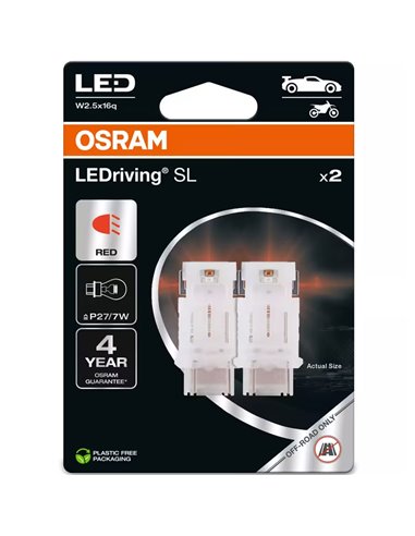 Lámpara LED recambio compatible con P27/7W  rojo LEDriving SL W3x16q, 3157DRP-2BL, 1,4W, 2uds