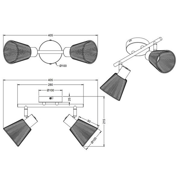 Spot mural ou plafonnier NATREL 2 lumières, finition naturelle, ampoule non incluse : 2 x E14, max. 10 W, IP20