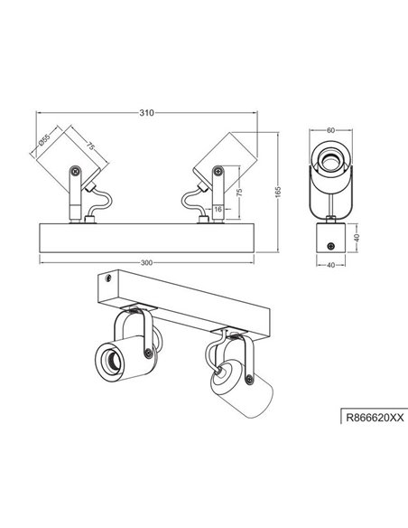 Foco para pared/techo 2 luces, LYNAR madera y metal, bombilla excl. 2x E27 max. 10W IP20 Blanco
