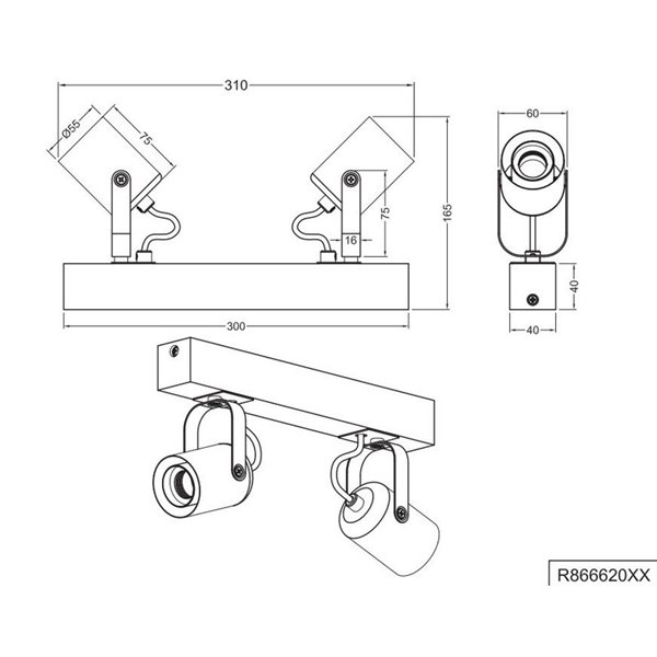 Foco para pared/techo 2 luces, LYNAR madera y metal, bombilla excl. 2x E27 max. 10W IP20 Negro