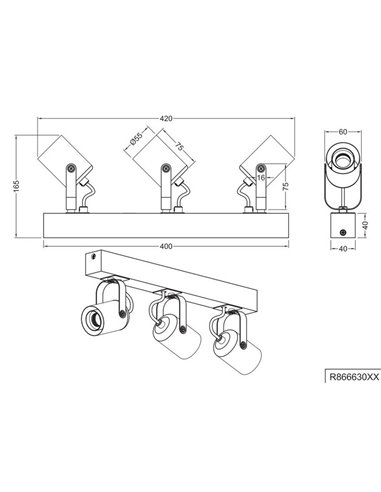 Spot mural/plafonnier 3 lampes, LYNAR, bois et métal, ampoule non incluse : 3 x E27, max. 10 W, IP20, noir
