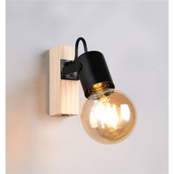 Spot mural LYNAR, bois et métal, ampoule non incluse : 1 x E27, max. 10 W, IP20, noir